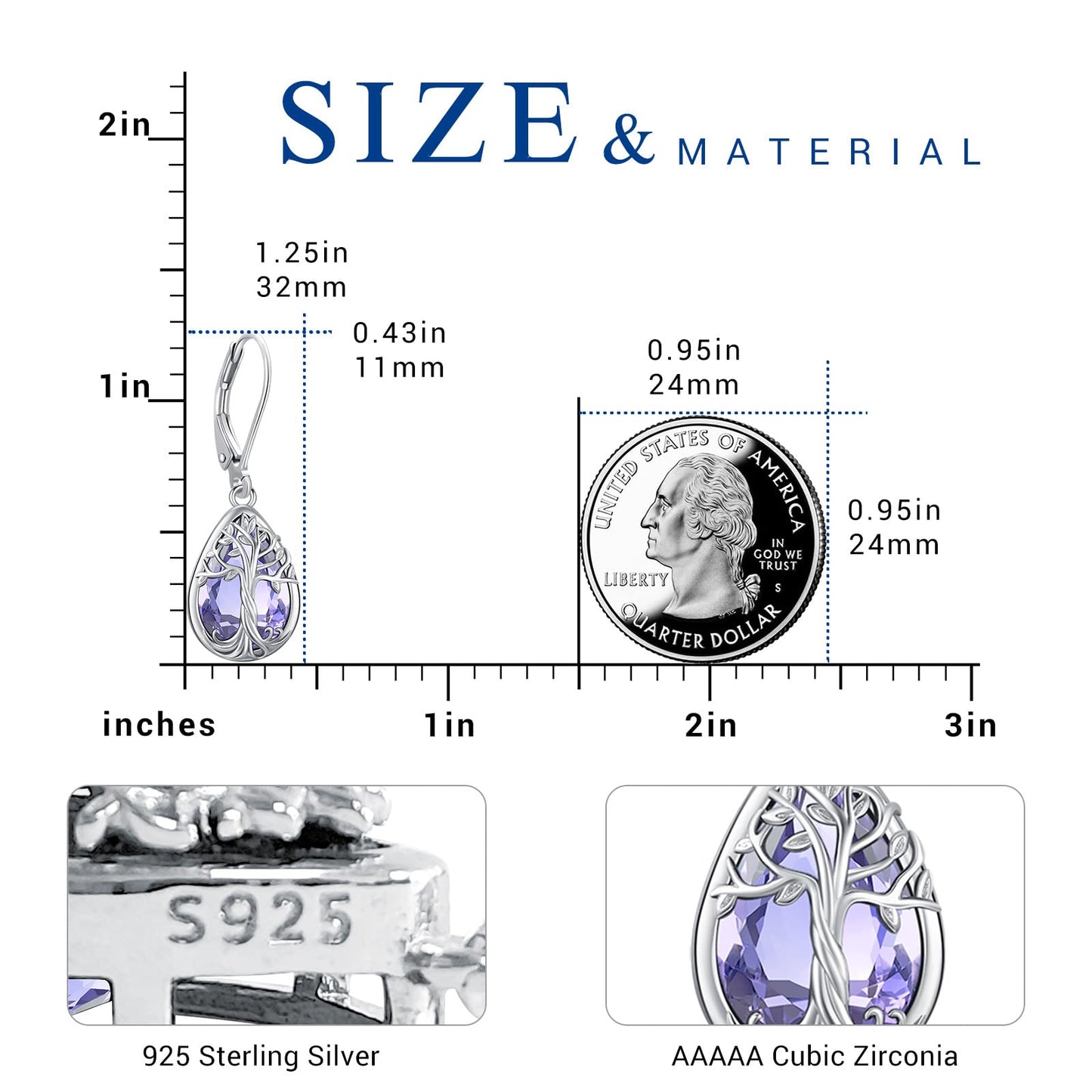 Eusense Tree of Life Earrings 925 Sterling Silver Drop Dangle Earrings with Alexandrite Purple June Birthstone Leverback Tree of Life Jewelry Gift for Women