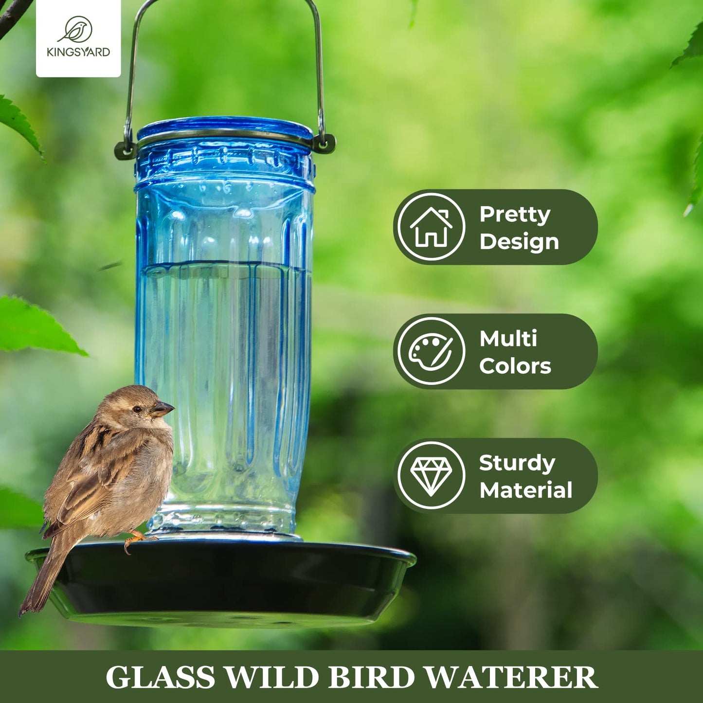 Kingsyard Glass Bird Water Dispenser for Outdoor, 16 Oz, Bird Water Feeder with Metal Hanging for Garden Yard Fence Decoration Hummingbird Cardinal Bluebird Finch, Blue