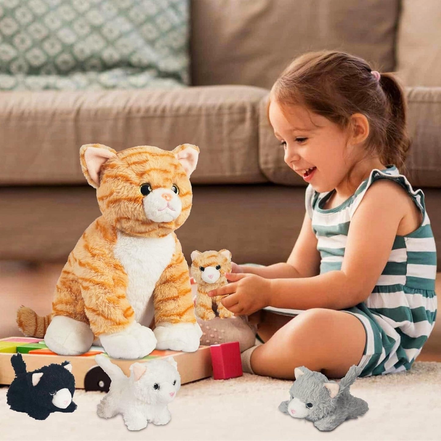 5 Pieces Cat Stuffed Animal with Babies Inside Belly 1 Mommy Stuffed Cat Toy with 4 Baby Plush Kittens, Orange Tabby Cat Plush Stuffed Kitty Plush Toys for Kids Birthday Party Favors Surprise Gifts