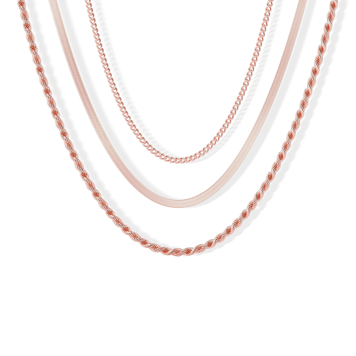 Freekiss Rose Gold Layered Necklaces for Women: Dainty Herringbone Rope Cuban Link Chain Necklace Set, 14K Rose Gold Plated, Non-Tarnish, Simple, Perfect for Layering, Gifts, and Daily Wear