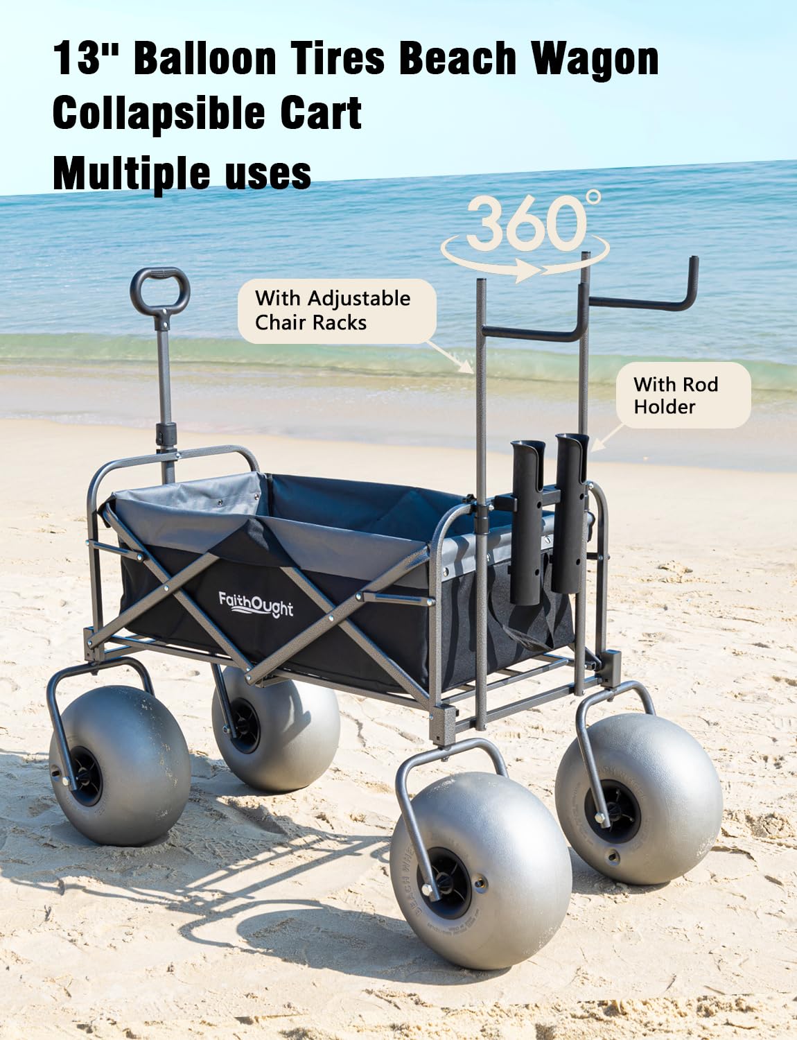 13" Balloon Bubble Wheel Beach Cart Collapsible Wagon with Big Fat All Terrain Inflatable Air Tire, Large Outdoor Wagon & Fishing Cart with Balloon Tire, Dolly with Big Wheels for Sand Camping (Black)