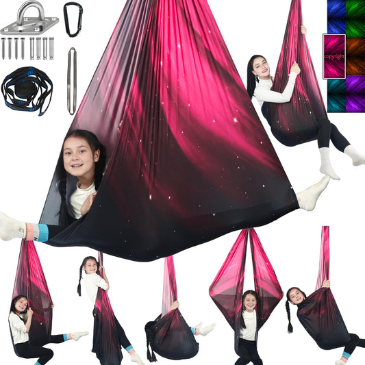 HiChrote Sensory Swing for Kids Holds up to 300lbs Indoor & Outdoor Therapy Cuddle Swing with Hammock Hooks Hanger Kit for Calming, Effect for Autism, ADHD or SPD. (Space Pink)