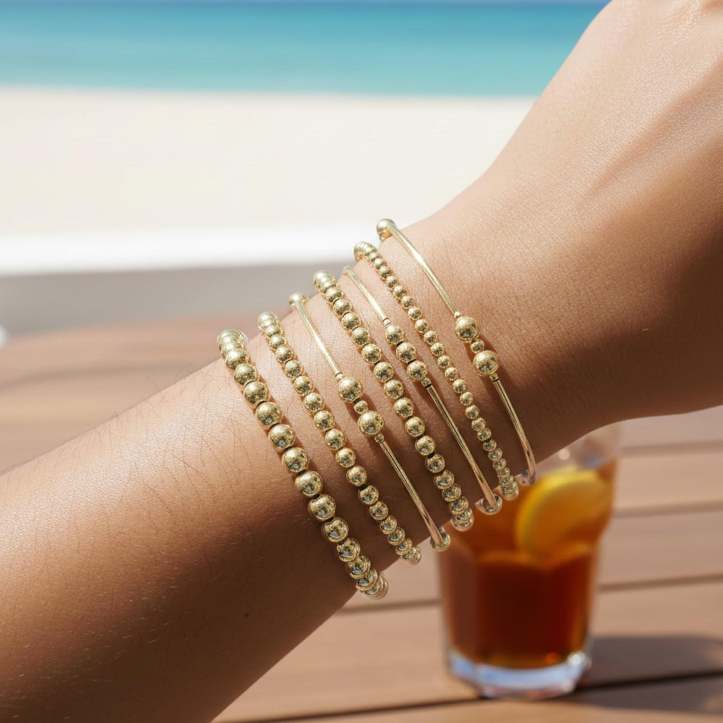 SHINUS BOHO Dainty Gold Beaded Bracelet Stack for Women,Handmade Bohemian 14K Gold Plated Beads Stretch Stackable Bracelets Set Fashion Prom Holiday Jewelry Gifts Friendship Family