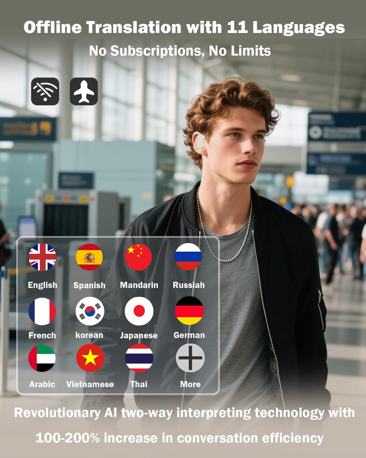 Wooask M9 Translation Earbuds, Translator Earbuds Two-Way for 144 Languages and 11 Offline Translation Packs, 3-in-1 Real-Time Translator for Travel Business Learning (Beige, Offline Version)