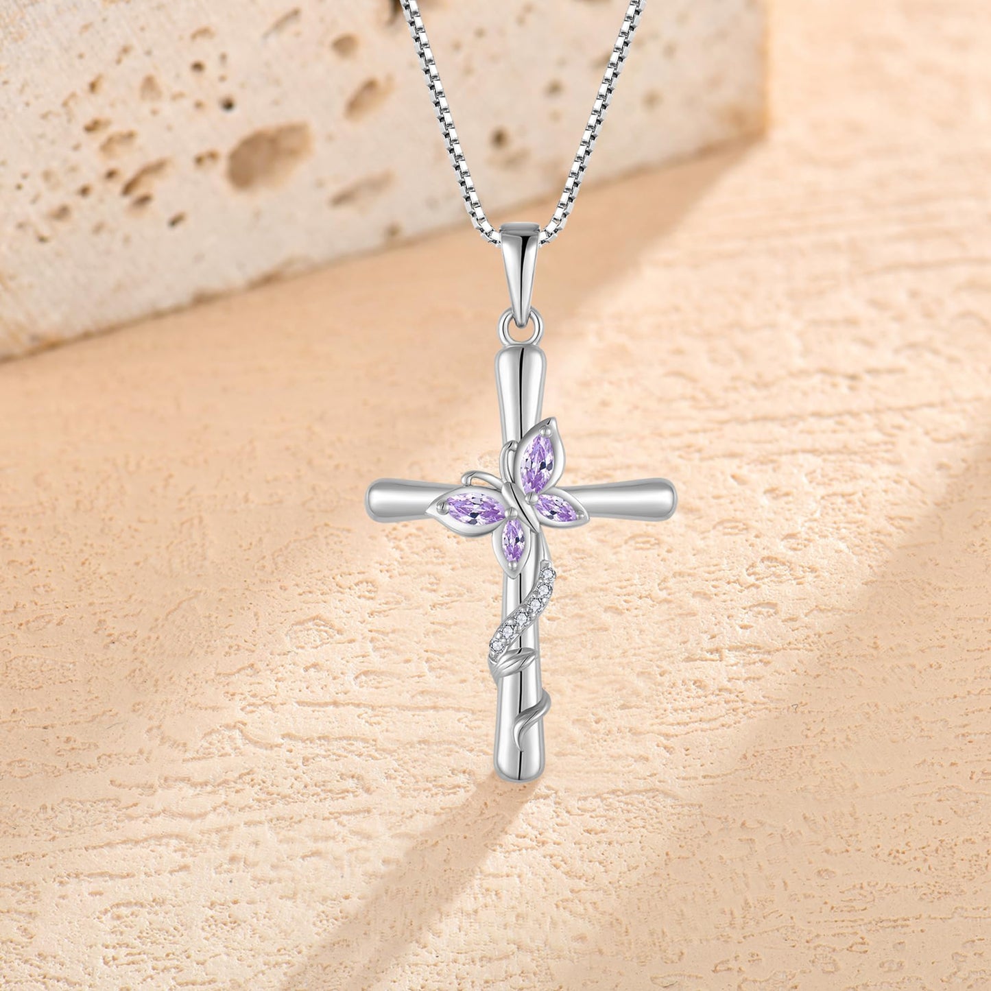 Blaniy Cross Necklace for Women 925 Sterling Silver Butterfly Necklace Alexandrite Pendant Necklaces June Birthstone Jewelry Gifts for Women