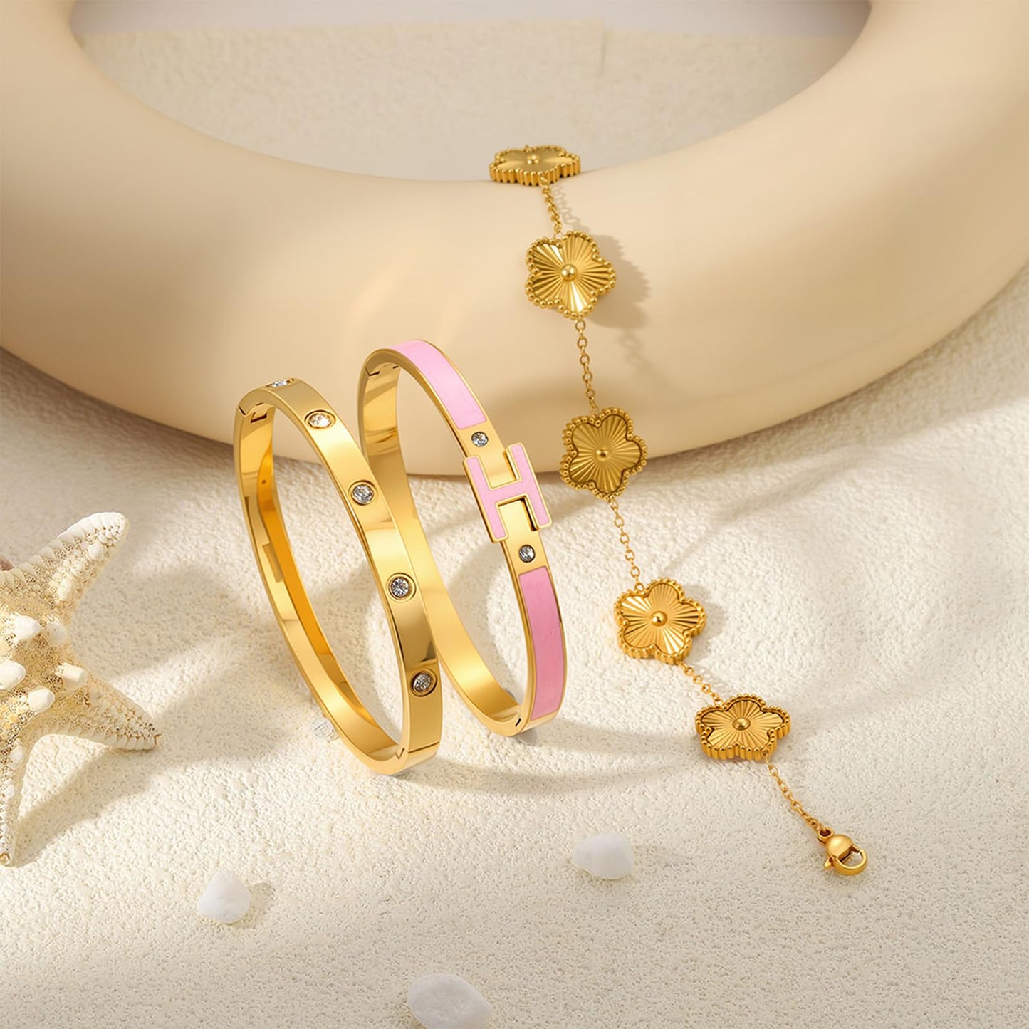Camhanno Gold Clover Bracelets for Women - 18K Gold Plated Stainless Steel Dainty H Bangle Bracelets| Daily & Party Wear Jewelry, Easter Christmas Mothers Day Gifts