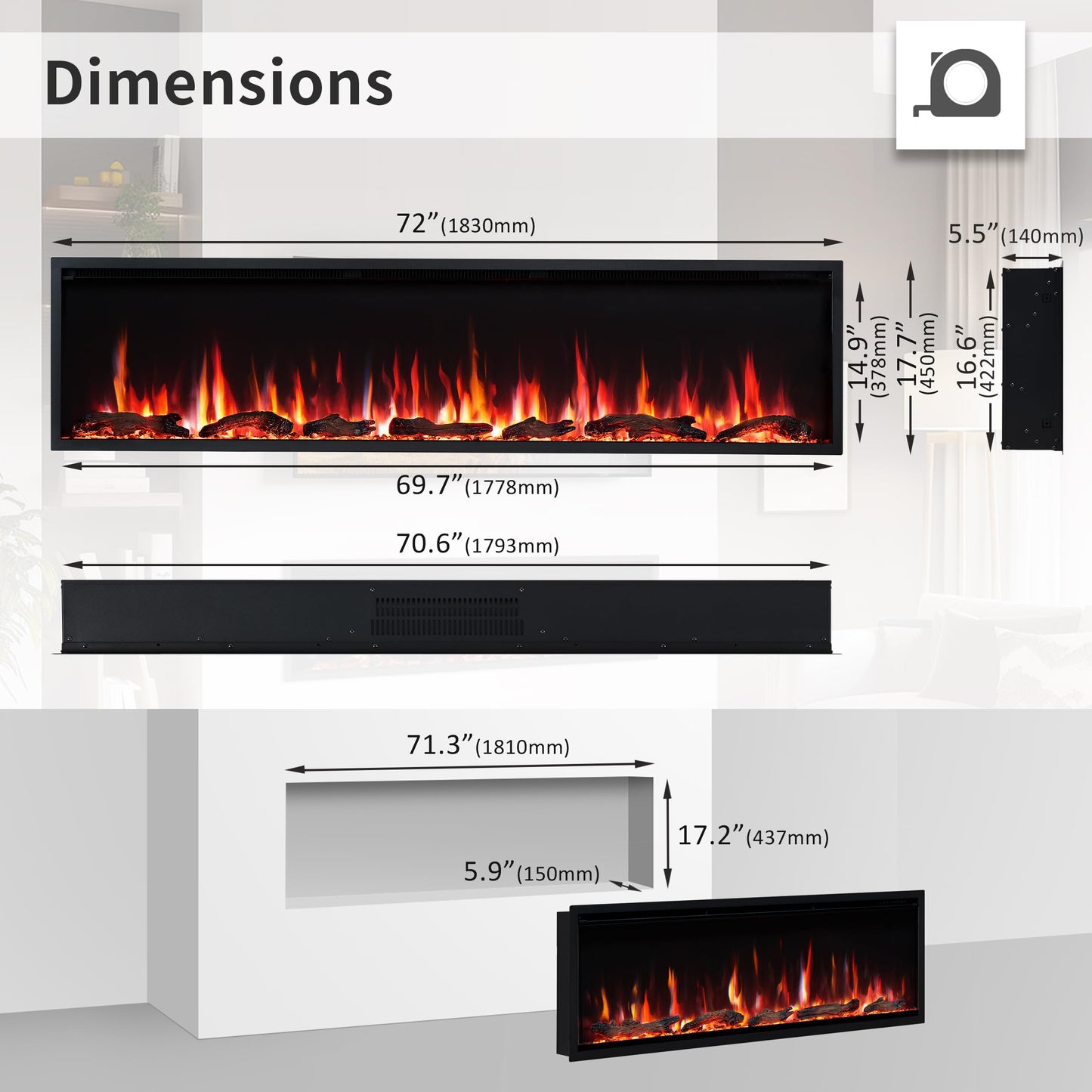 PuraFlame Herman 72 Inch Smart Linear Electric Fireplace - Premium Flame with 9 Colors, Clean Design, Recessed in-Wall or Wall-Mount or Free Standing, Compatible with Alexa and Google Assistant