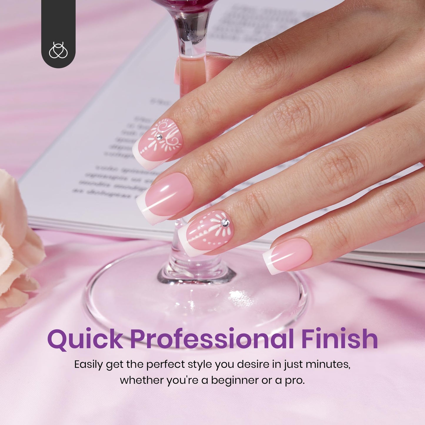 Beetles French Tip Press On Nails: 150 Pcs Pink Short Square Press On Nails 4 in 1 Nail Tips, Pre-Applied Primer & Base Coat, No File Need DIY Manicure for Nail Extension Gifts for Women