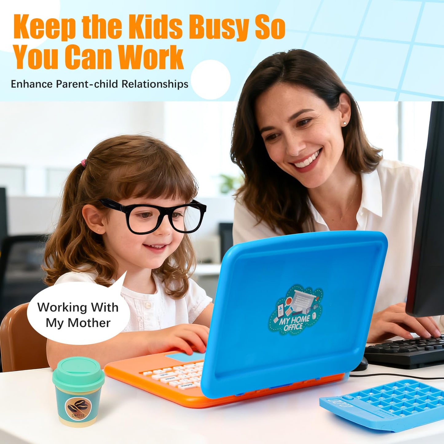 Cleboen Pretend Play Home Office Set for Kids — Toy Laptop Computer, LCD Writing Tablet, Pop Fidget Calculator, Phone, Headset, Glasses, Coffee Cup & Handbag, Birthday Gifts for Boys Girls Age 3-5-7