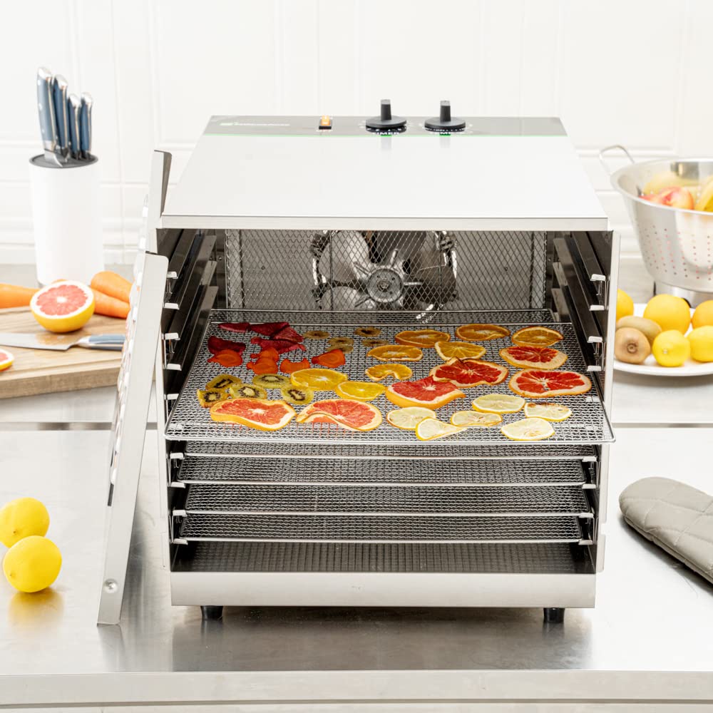 Restaurantware Hi Tek Food Dehydrator 1 Food Dryer Machine - 120V/1000W 10 Shelves Stainless Steel Dehydrator For Food Built-In Timer No-Slip Feet Removable Door