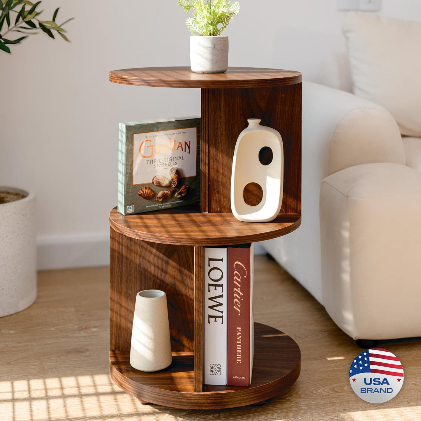 KAYMILY Round End Tables, Mid Century Modern 3 Tier Side Table for Living Room, Bedroom, Office, 25" Tall Accent Nightstand with Open Storage Shelves, Easy Assembly, MDF Wood - Stationary - Walnut