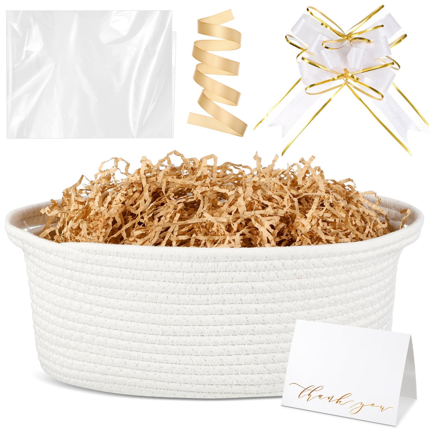 Colingmill Graduation Woven Basket with Gift Bags and 2 Ribbons, Raffia Grass Paper Shred Filler, Gift Card, Empty Small Rope Basket for Storage Presents Toy Organizer(White,14 * 10 Inch)