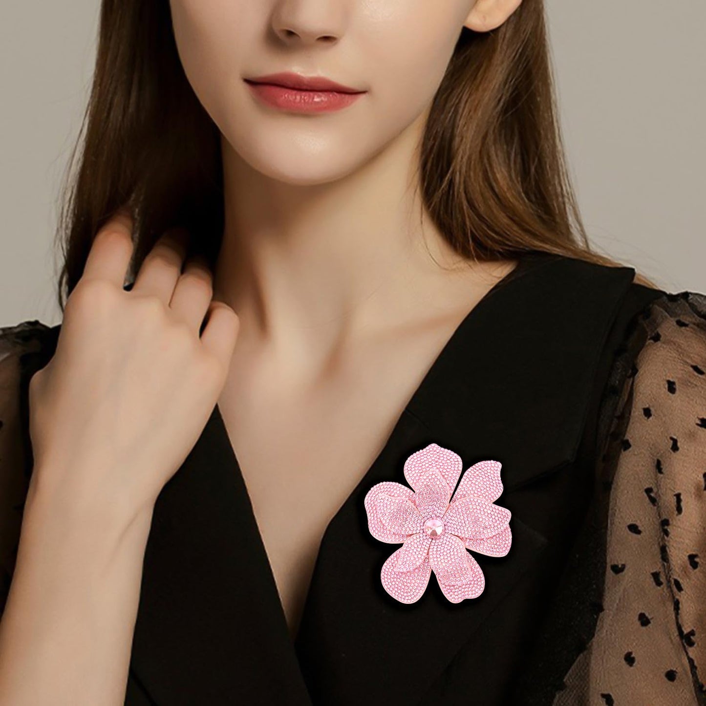 Merdia 3.74 Inches Rhinestone Camellia Flower Brooch Pins & Hair Clips for Women Elegant Created Crystal Lapel Pin Brooches Wedding Party Pink
