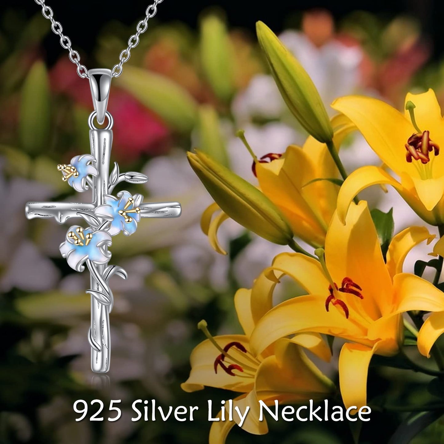 LUHE Women Cross Necklace Sterling Silver religious Lily Flower Cross Pendant Necklace Jewelry Gifts for Women