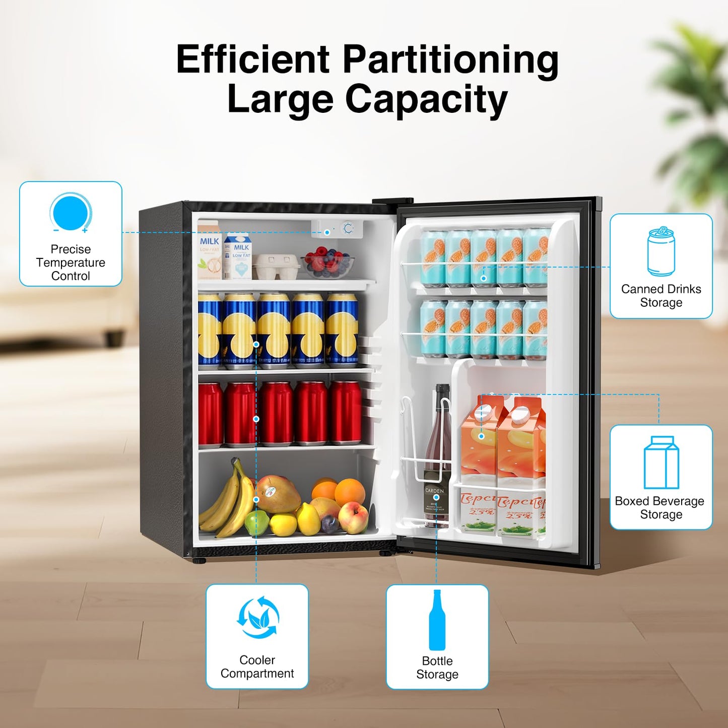 Kismile 4.41 Cu.Ft Compact Refrigerator Mini Fridge Single Door with Adjustable Thermostat, Glass Shelves Small Refrigerator Energy Saving, Low Noise for Bedroom, Office, Dorm,Apartment (Black)
