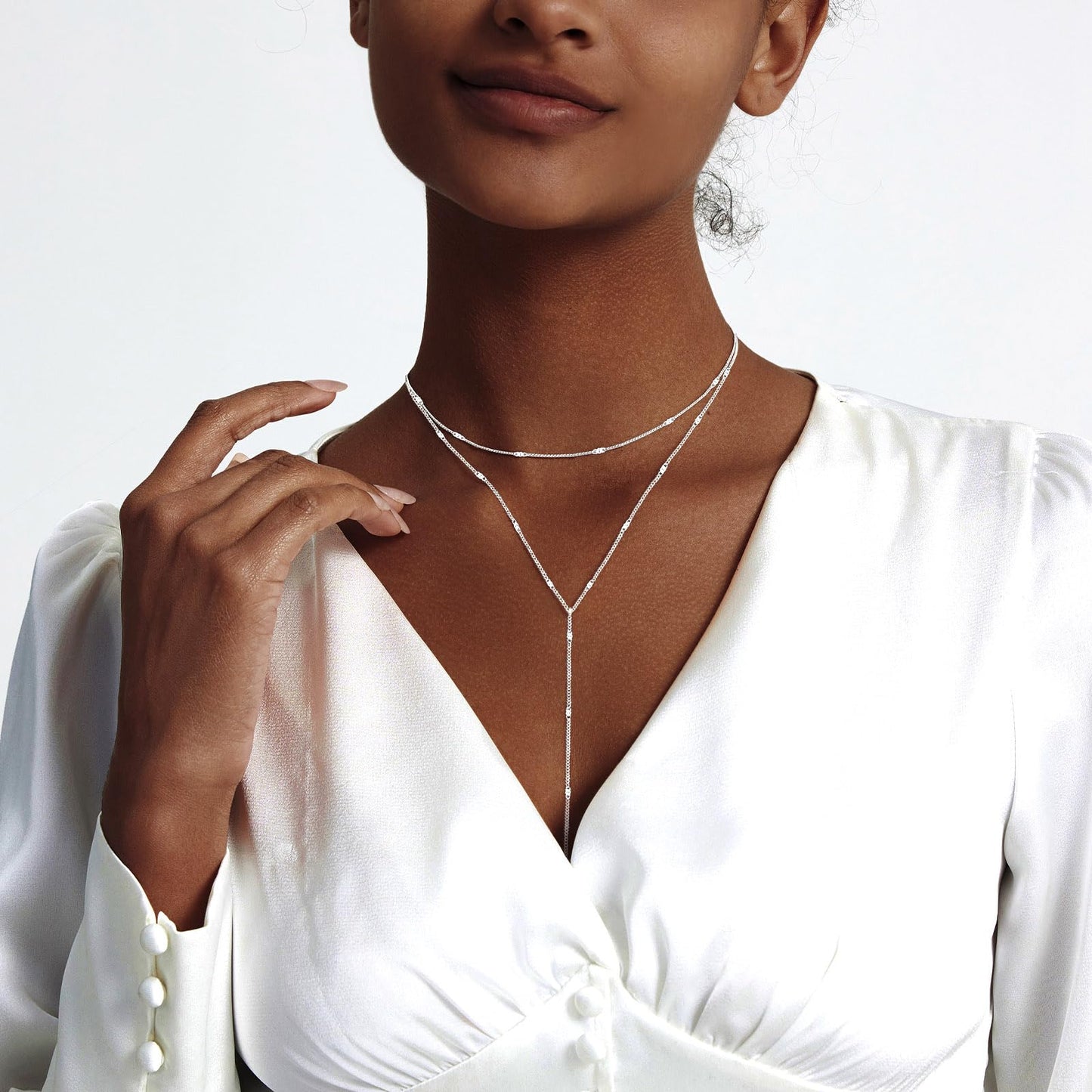 Zeffy Dainty Long Silver Necklaces for Women Trendy Lariat Y Necklace Layered Bar Drop Necklaces Simple Y-Shaped Chain Jewelry Gift