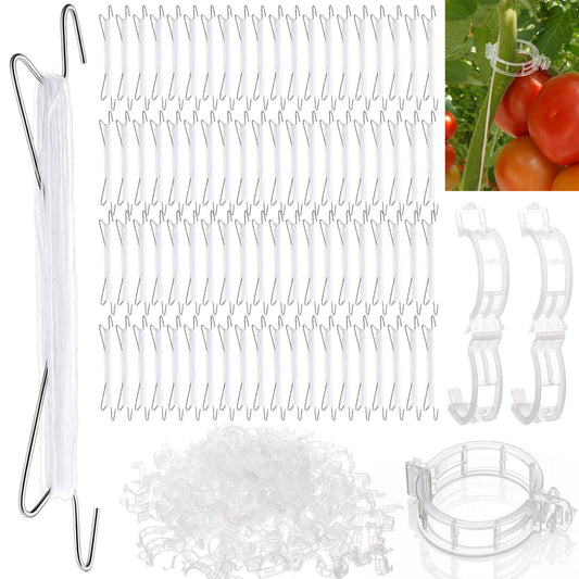 Hushee 100 Pack Tomato Hooks with 200 Garden Clips & 32.8ft String, Tomato Hooks for Climbing Plants, Heavy Duty Plant Support Kit for Greenhouse, Vegetable Plant Fruit Flower