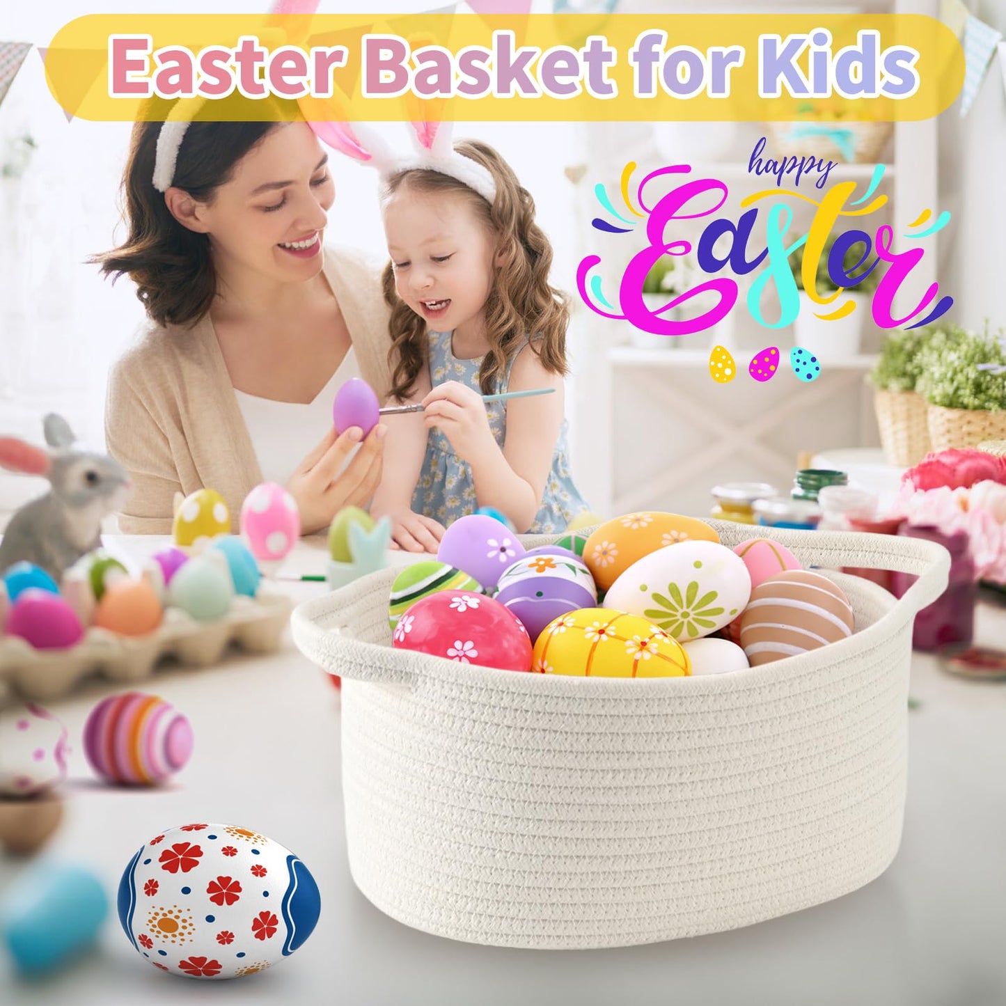 Happyiren Cute Woven Cotton Rope Basket with Handle Empty Decorative Gift Basket for Baby Shower, Graduation, Mother's Day, Nursery Storage 13" Dia x 6" H