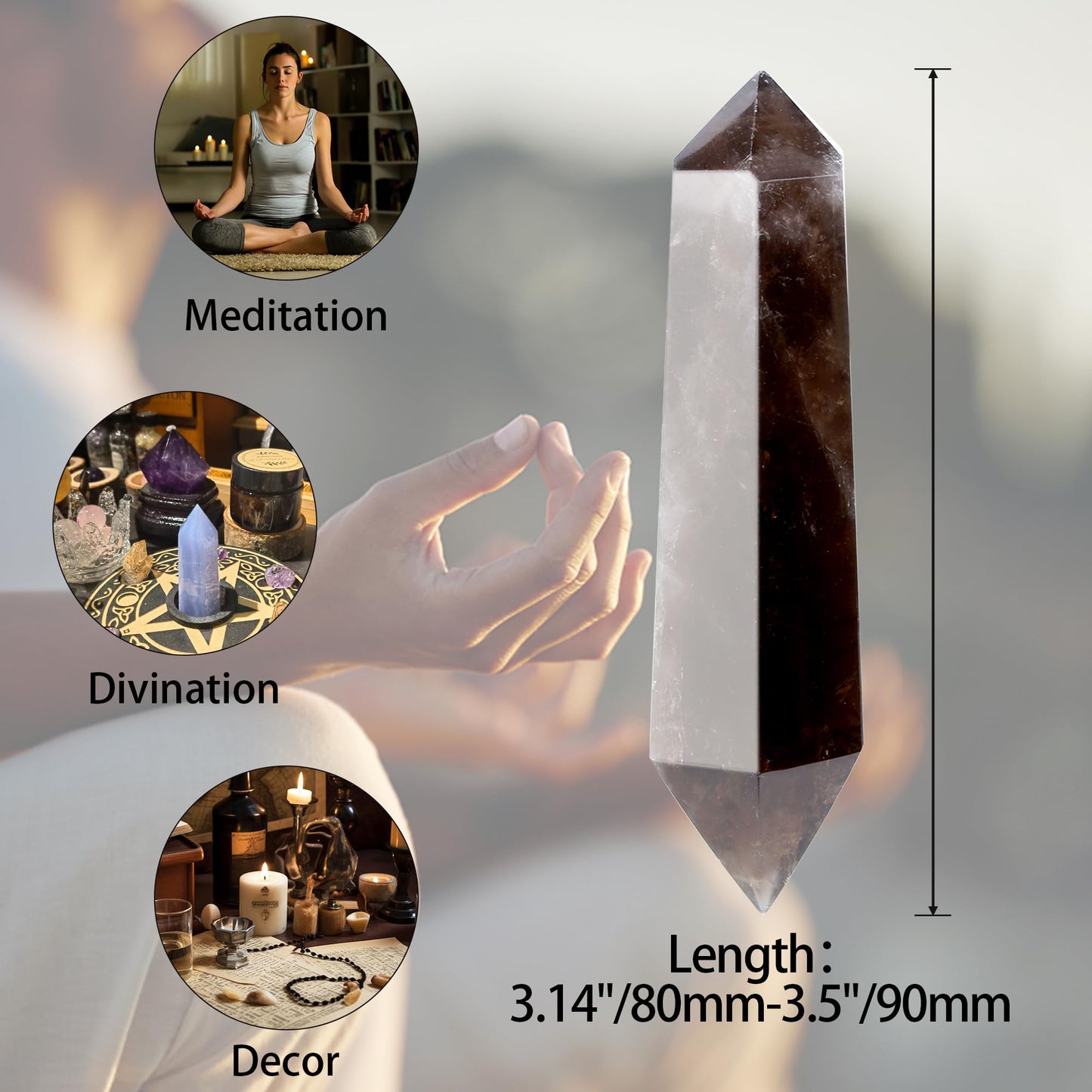 YATOJUZI 3.5" Healing Crystals Wand Smoky Quartz Hexagonal Crystal Points Natural Crystals and Healing Stones Large for Meditation Divination Reiki Energy Balancing 1PCS