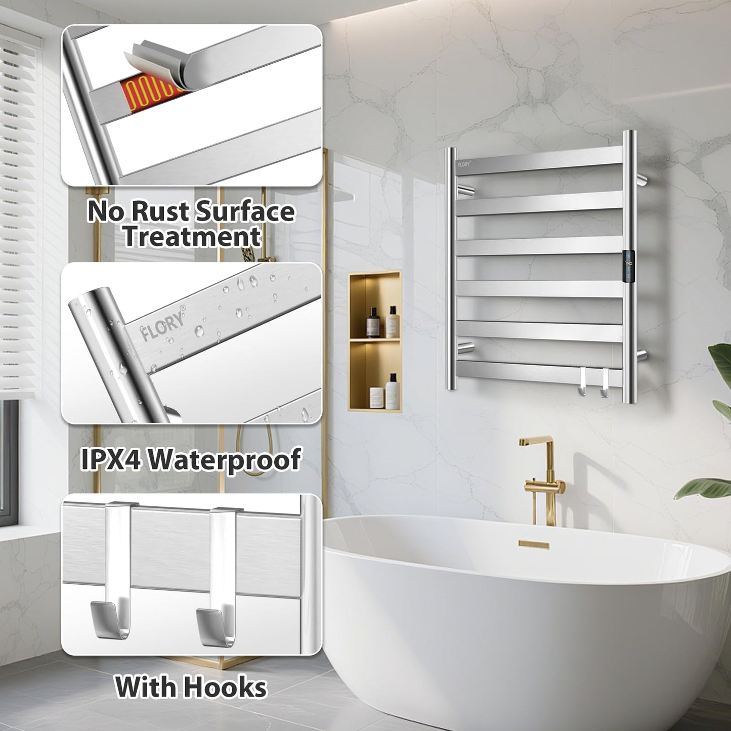 R FLORY Heated Towel Rack for Bathroom, 6 Bar Wall Mounted Towel Warmer Rack Flat with Timer & Temperature, Electric Towel Heater with LED Display Screen, Plug-in
