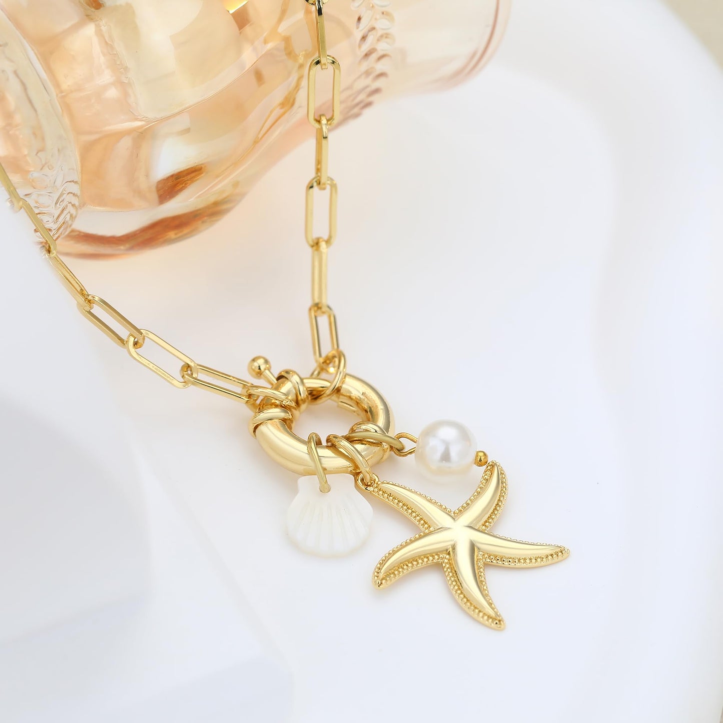 MISS RIGHT Gold Necklace for Women, Dainty 18k Gold Plated Starfish SeaShell Pearl Cute Boho Pendant DIY Charm Necklace,Non Tarnish Adjustable Chunky Paperclip Chain Jewelry for Summer Beach Vacation