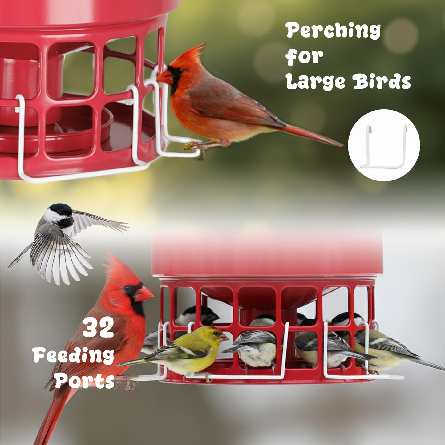 KOL Large Bird Feeder for Outdoors, 10LB Capacity Squirrel Proof Metal Feeder with 32 Feeding Ports & 3 Perches, Easy-Clean Hanging Birdfeeder for Cardinals, Bluebirds, Finches (Red)