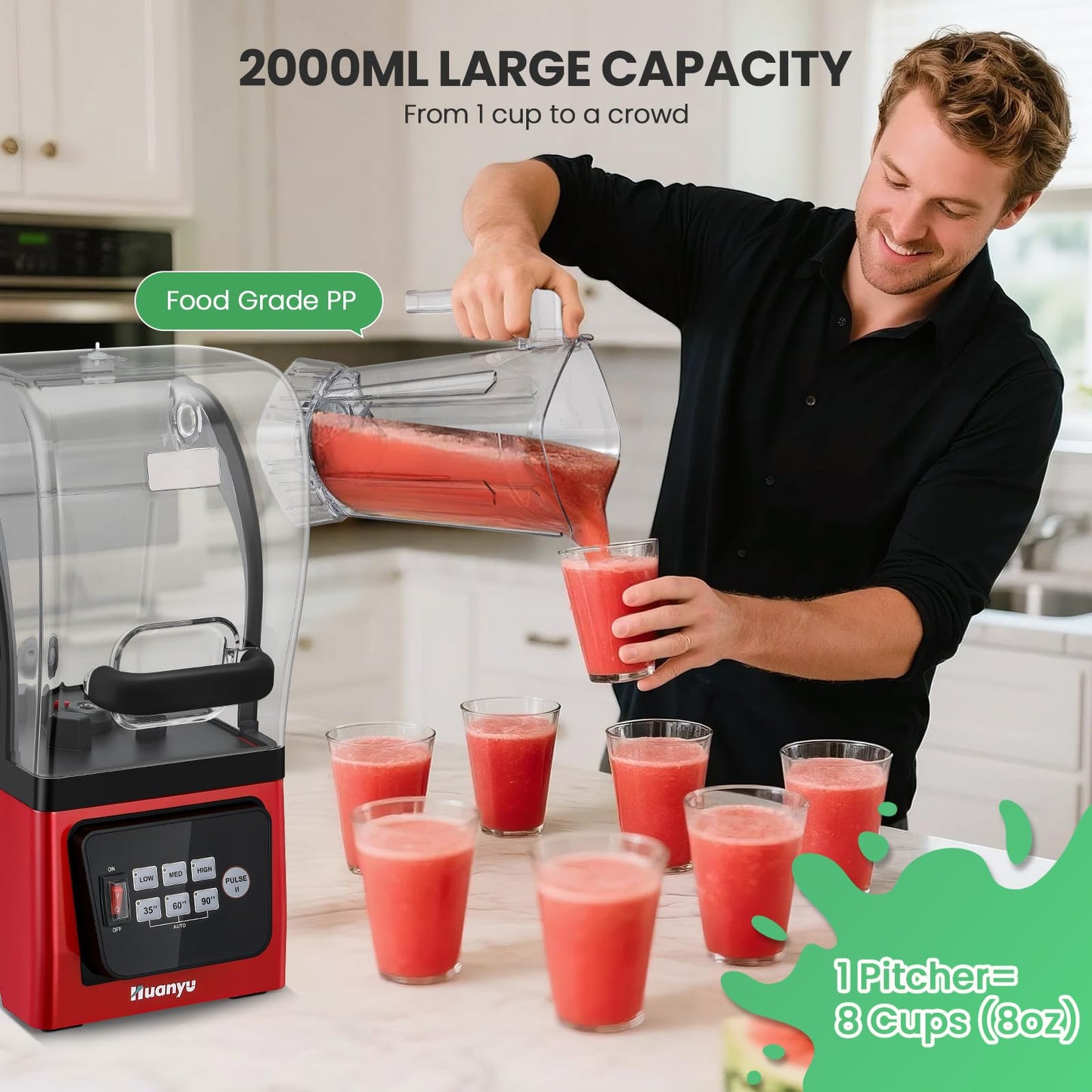 Huanyu Commercial Blender 2L 68OZ 2200W Quiet Professional Blenders with Sound Enclosure for Smoothies with Self-Cleaning Function Red