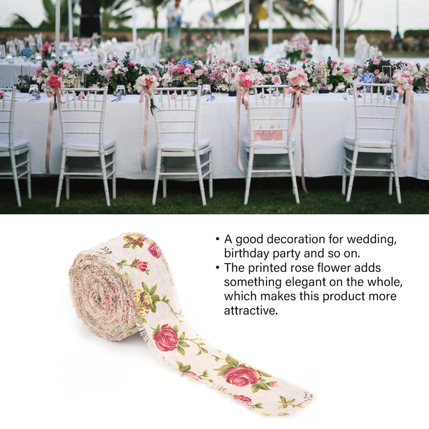 Burlap Ribbon, 32.8ft Long x 2.0in Wide Rose Printed Burlap Ribbon Hessian Jute Strap for Wedding Decorations, Handmade Crafts, Home Accessories, Party Supplies
