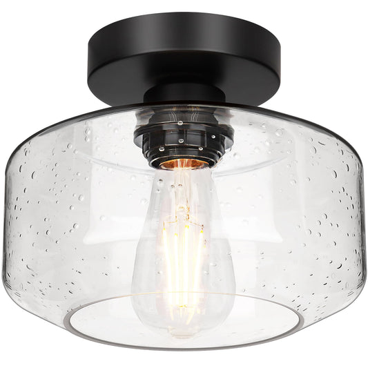 Industrial Semi Flush Mount Ceiling Light, 800 Lumen LED Bulb Included, Seeded Glass Shade Farmhouse Light Fixture for Hallway Corridor Kitchen Bathroom Bedroom Passway