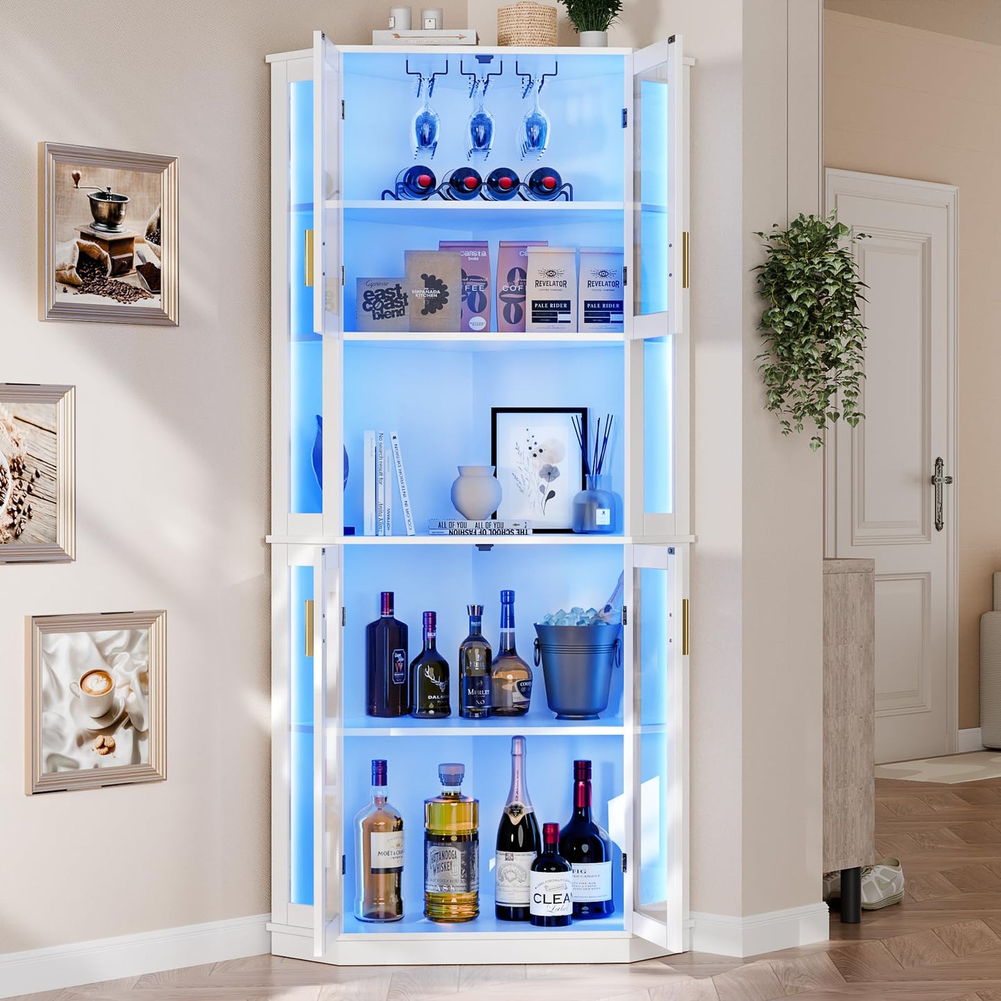 Loomie 71'' Corner Wine Bar Cabinet with LED Lights,5-Tier Tall Home Liquor Coffee Bar Cabinet W with Tempered Glass Door & Glasses Rack, Alcohol Cabinet Storage Hutch for Kitchen,Living Room (White)