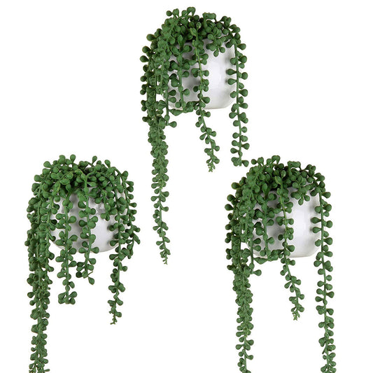 MyGift Artificial Faux String of Pearls Plants in White Ceramic Wall Hanging Planter Pot with Jute Rope, Set of 2