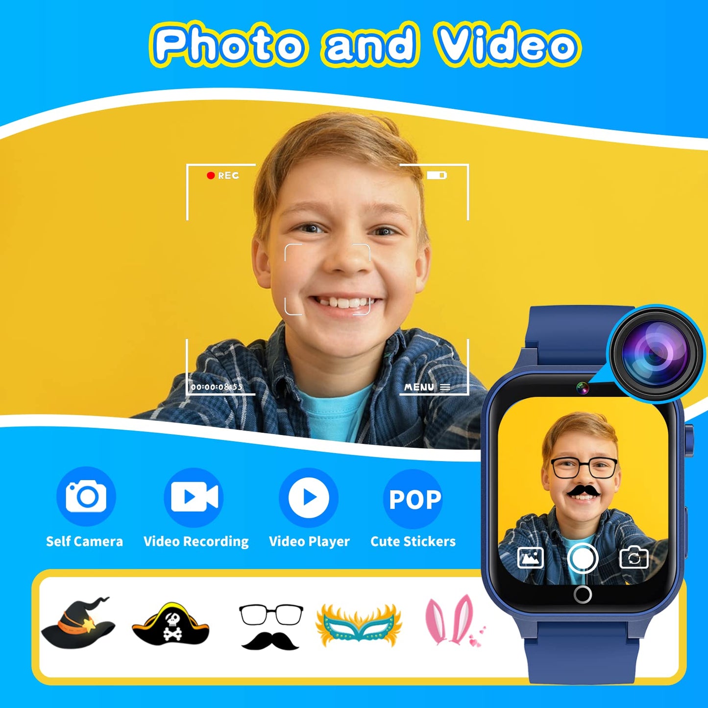 Cosjoype Upgrade Kids Smart Watch for Kids with 39 Puzzle Games HD Camera Video MP3 Player Habit Tracking Pedometer Flashlight 12/24 hr Kid Watches Gift for 4-12 Year Old Boys Toys for Kid