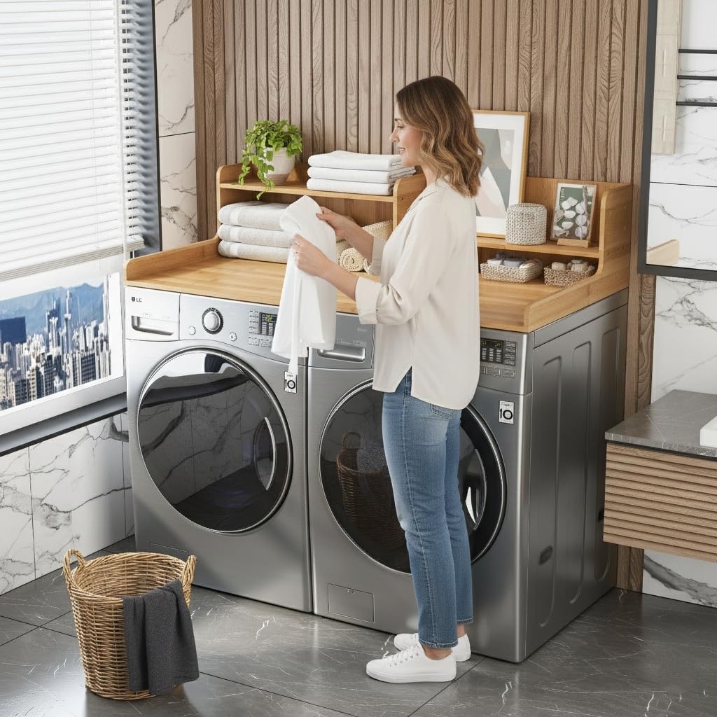 Wisuce Essentials 2-Tier Washer and Dryer Countertop w 54" W x 27.5" D Laundry Countertop Cover with Non-Slip Pad,Large Space Laundry Topper for Folding Clothes Over Washer and Dryer-White (Nature)