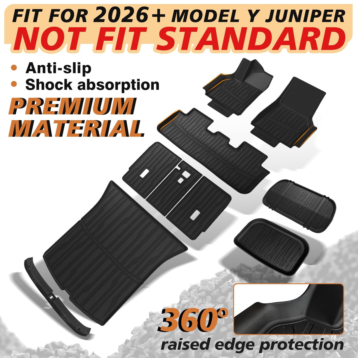 TripleAliners 10PCS Floor Mats Fit for 2026+Tesla Model Y Juniper Set Full Protection All Weather TPE Anti-Slip Custom Fit Floor& Frunk& Trunk& Rear Lower& Backrest Mat& Bumper Guard(Not Fit Standard)