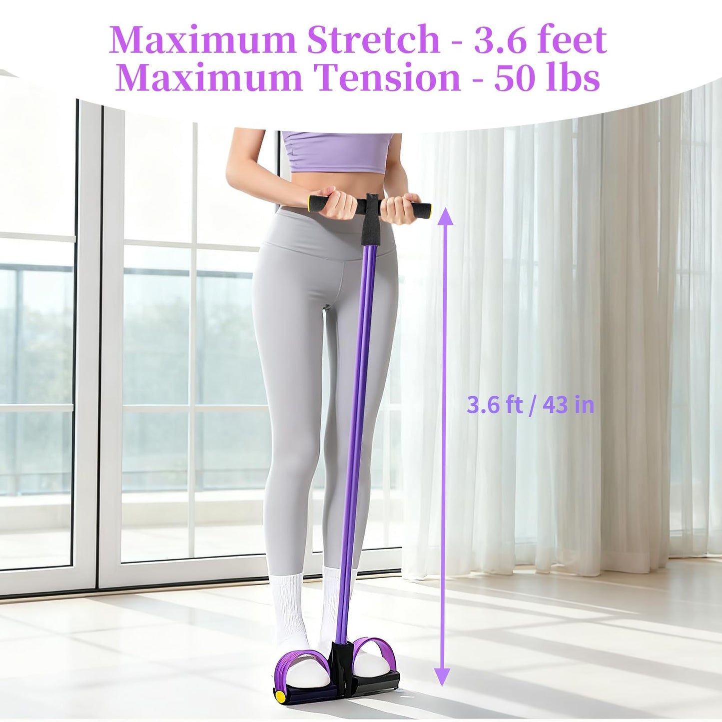 Pedal Resistance Bands with Handles, Upgrade 6-Tubes Manual Tension Training Pedal, Natural Rubber Foot Pedal Resistance Bands, Multifunction Fitness Bands for Abdomen, Waist, Arm, Leg (Purple)