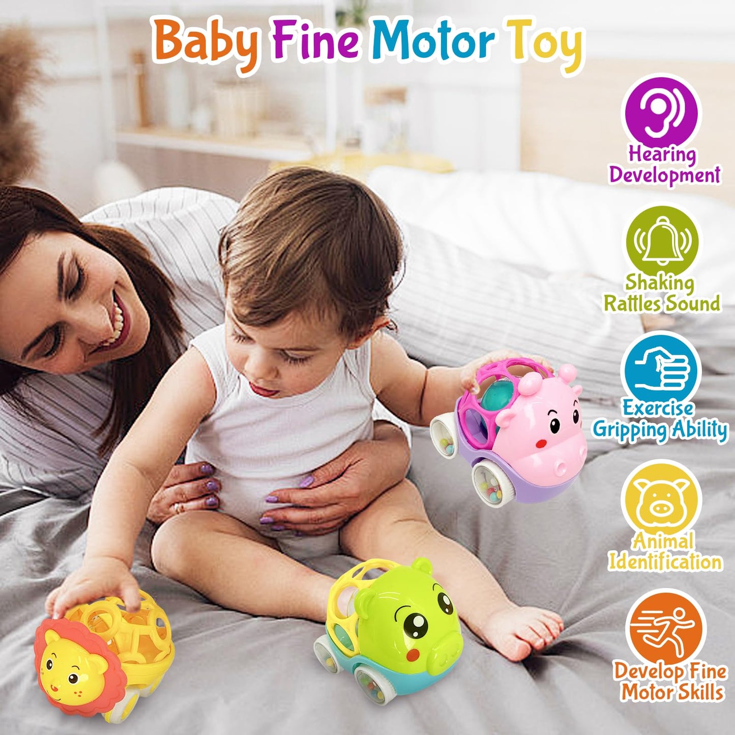 Baby Rattles Toy Car for Toddler Aged 1-3, 5.7in x4.33in Soft Rubber Montessori Sensory Toy for 0-6-12 Months Baby Gifts, Easter Basket Stuffers for Toddler, 1st Birthday Gifts for 1-2 Years Old Boys