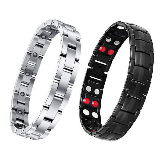 Feraco Magnetic Bracelets for Men Sleek Titanium Stainless Steel Magnetic Bracelet with Double Row 4 Elements Magnets Adjustable (Set of 2)