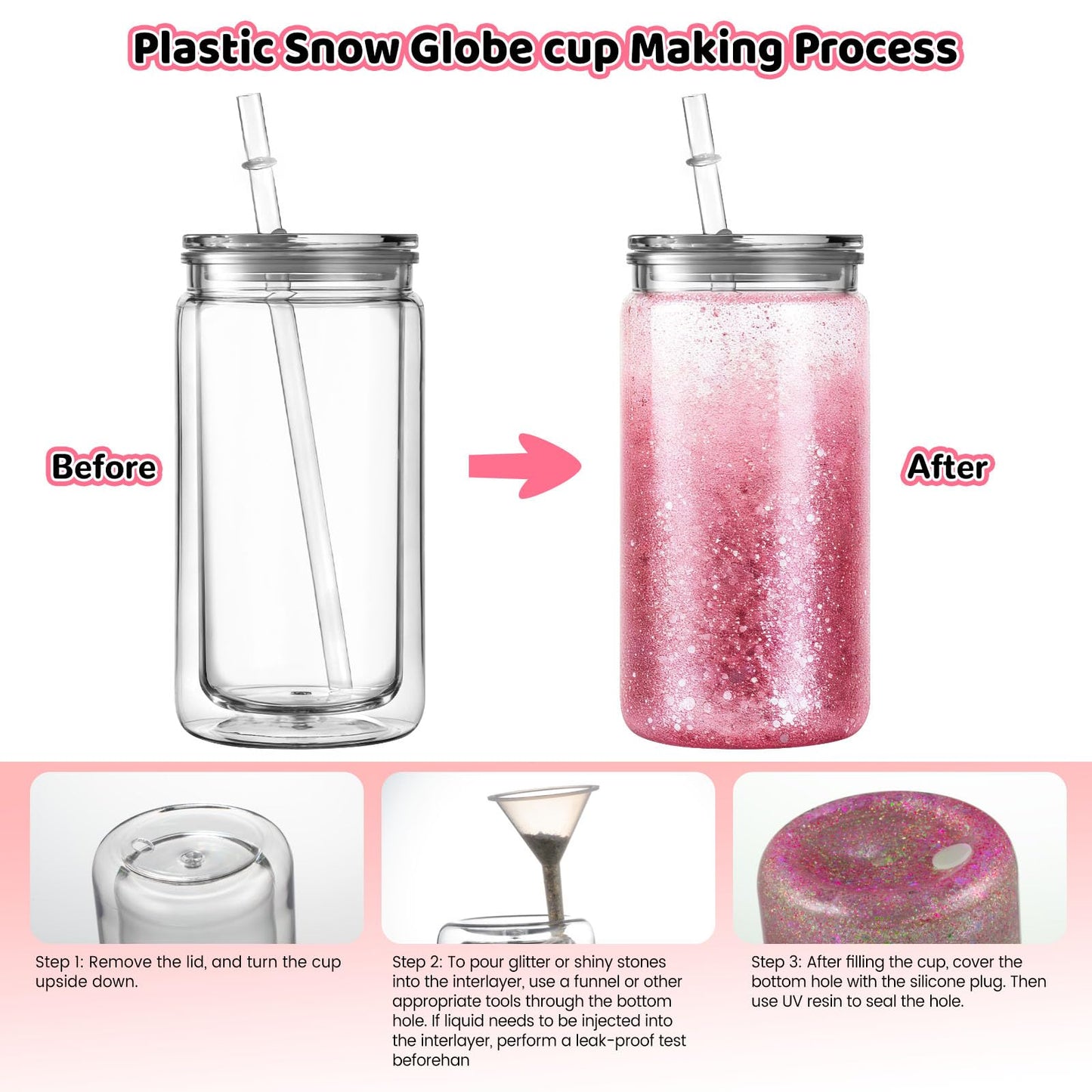 Cuguords 20 Pack Bulk 16oz Snow Globe Tumblers with Lids, Straws & Plugs, Double Wall Acrylic Plastic Cups, Pre-Drilled Hole DIY Snowglobe Tumbler Supplies, Clear Vaso Para Decorar con Glitter