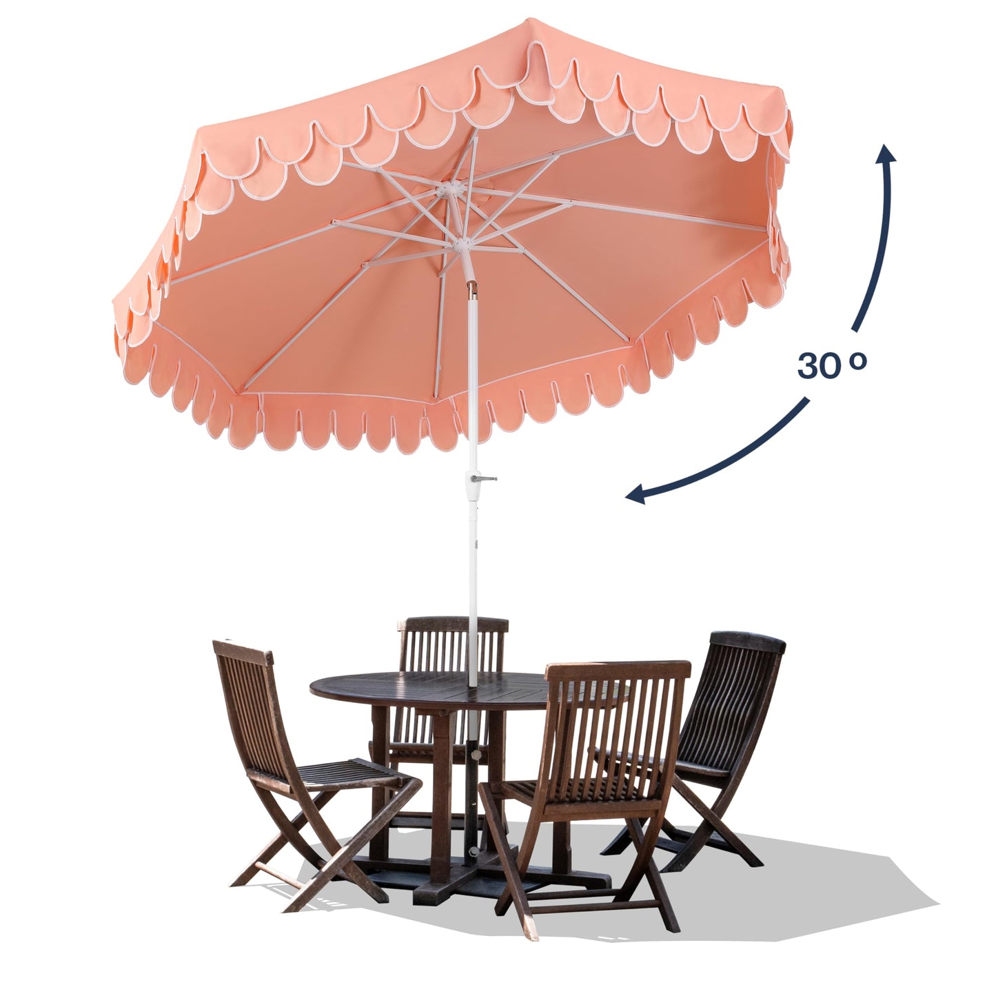 JONATHAN Y UMB1002H Tracy 9 ft. Classic MidCentury Scalloped Fringe Market Patio Umbrella with Auto-Tilt Crank, Wind Vent and UV Protection in Coral Pink/White, White Pole
