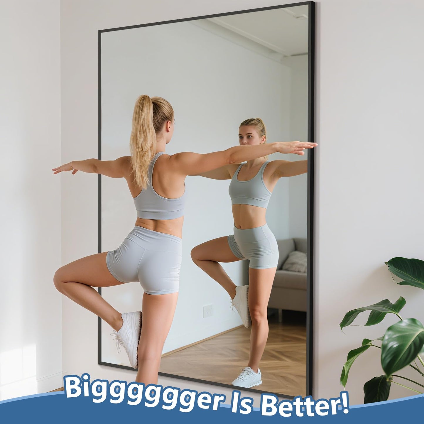 Large Mirror Full Length 72"X44", Oversized Floor Mirror with Stand, Black Free Standing Mirror Full Length for Gym Bedroom Living Room, Hanging or Wall Mounted, Shatterproof Tempered Glass
