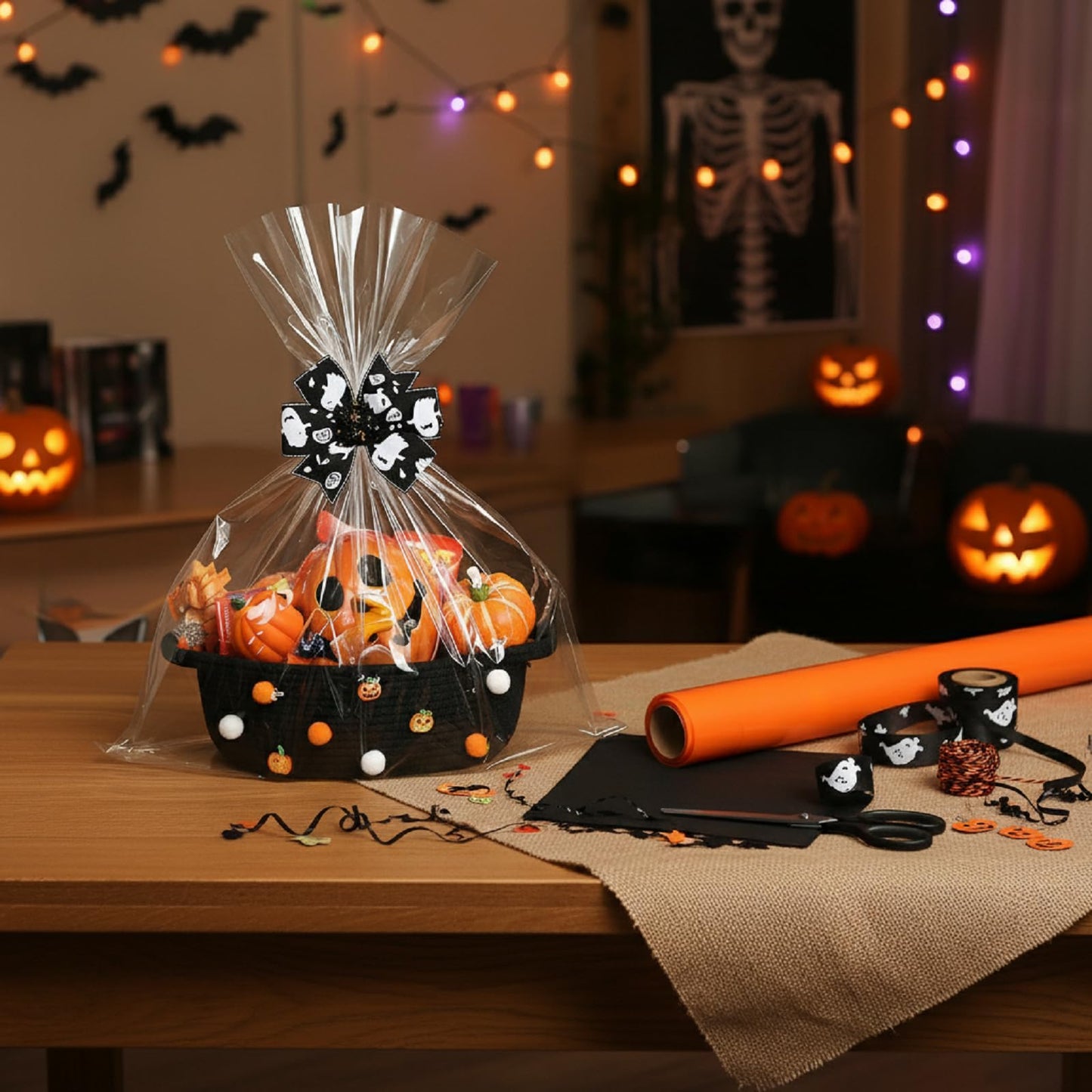 Teenyyou Halloween Gifts Basket Empty, 12" x 8" x 5" Woven Rope Basket with Gift Wrap Bag and Bow Clip for Halloween Party Gift Wrapping Decorations(Black)