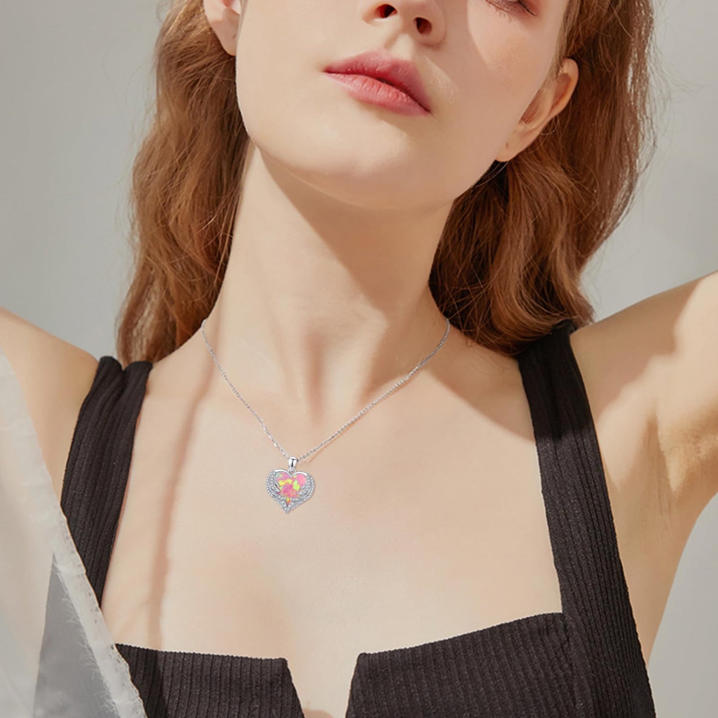 CUOKA MIRACLE Angel Wing Necklace Pink Opal Heart 925 Sterling Silver Pendant for Women Guardian Angel Wings Pendant Necklace Dainty Opal Jewelry for Women Mom Birthday Gifts