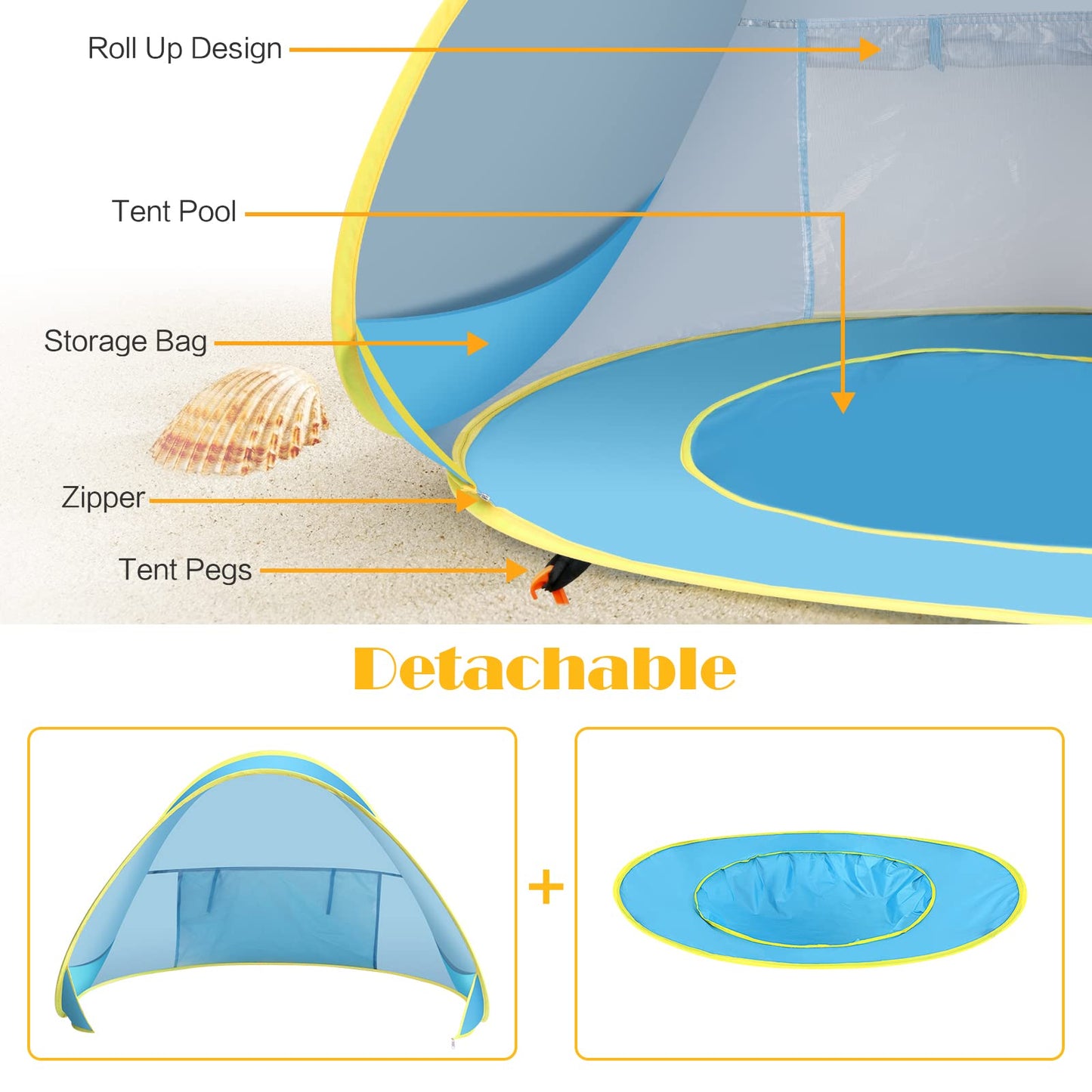 Baby Beach Tent with Pool, Pop Up Sun Shelter UPF 50+ UV Protection for Infant Toddlers, Portable Shade Tent with Carry Bag for Beach Outdoor Travel