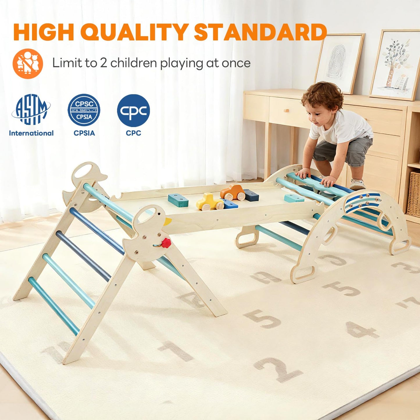 DUMOS Pikler Triangle Set, Toddler Climbing Toys and Play Structure Indoor, 9-in-1 Wooden Montessori Climbing Set with Arch, Ramp and Ladder, Foldable Baby Jungle Gym