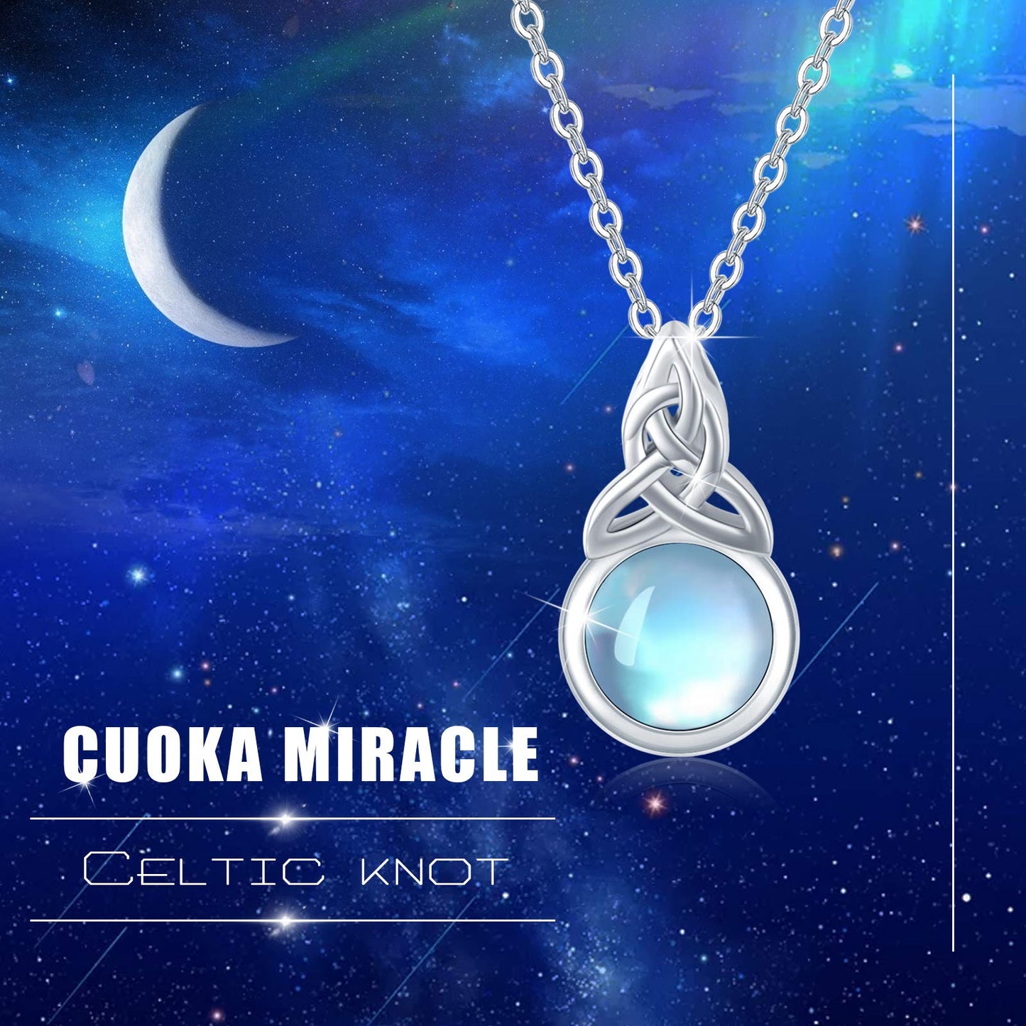 CUOKA MIRACLE Celtic Knot Moonstone Necklace for Women 925 Sterling Silver Rainbow Synthetic Moonstone Jewelry Chain 16-18 Inches Birthday Christmas Necklace Gift for Women