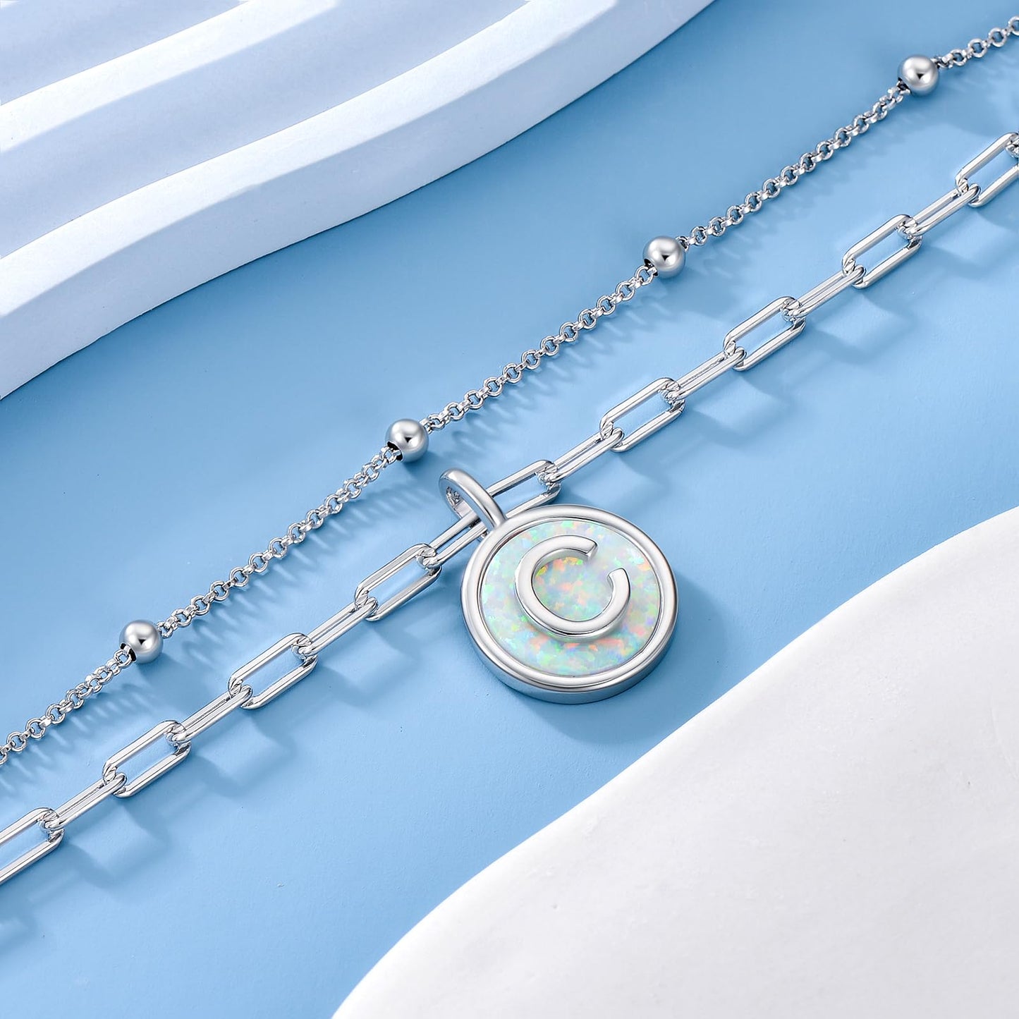 LWQQWL Initial C Bracelet for Women 925 Sterling Silver Layered Initial Bracelet Opal Letter 26 Alphabet Jewelry Christmas Gifts