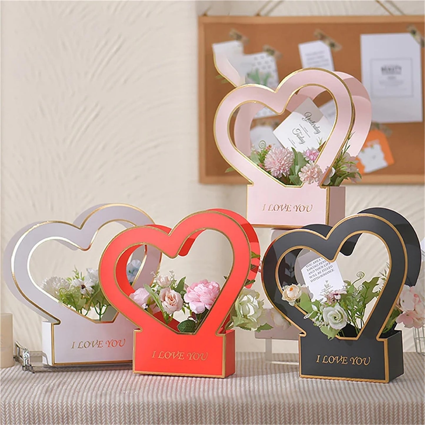 Nikeg Kraft Paper Flower Gift Bags 3Pcs Flowers Arrangement Kraft Paper Bag Folding Portable Flower Packaging Box Waterproof Basket Heart Handle Gift Tote Bags