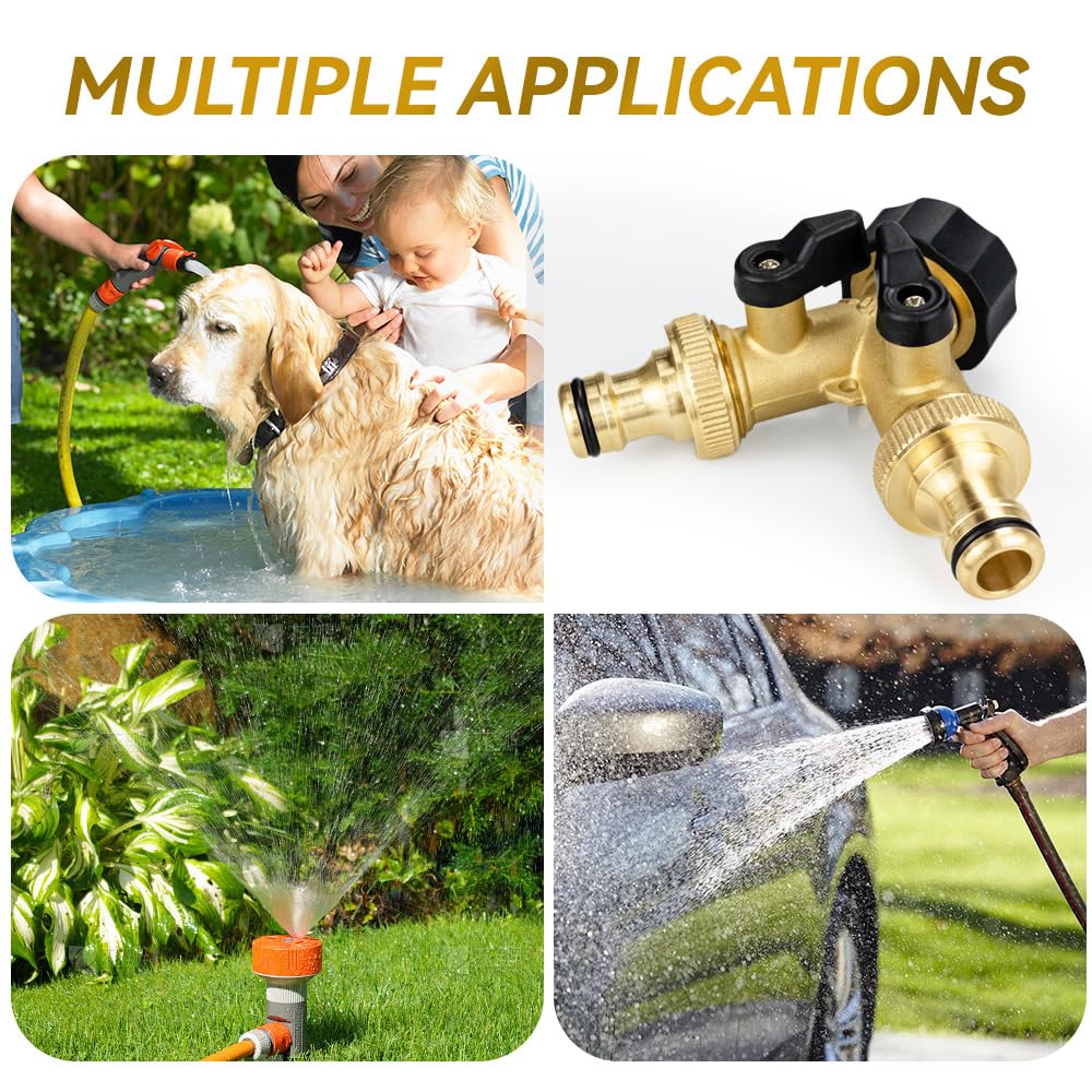 TMOK Garden Hose Splitter 2 Way With 2 Brass Nipple Connector,Heavy Duty Brass Hose Connector Tap Splitter, Y Splitter 2 Valves And Outdoor Faucet with 4 Extra Rubber Washers