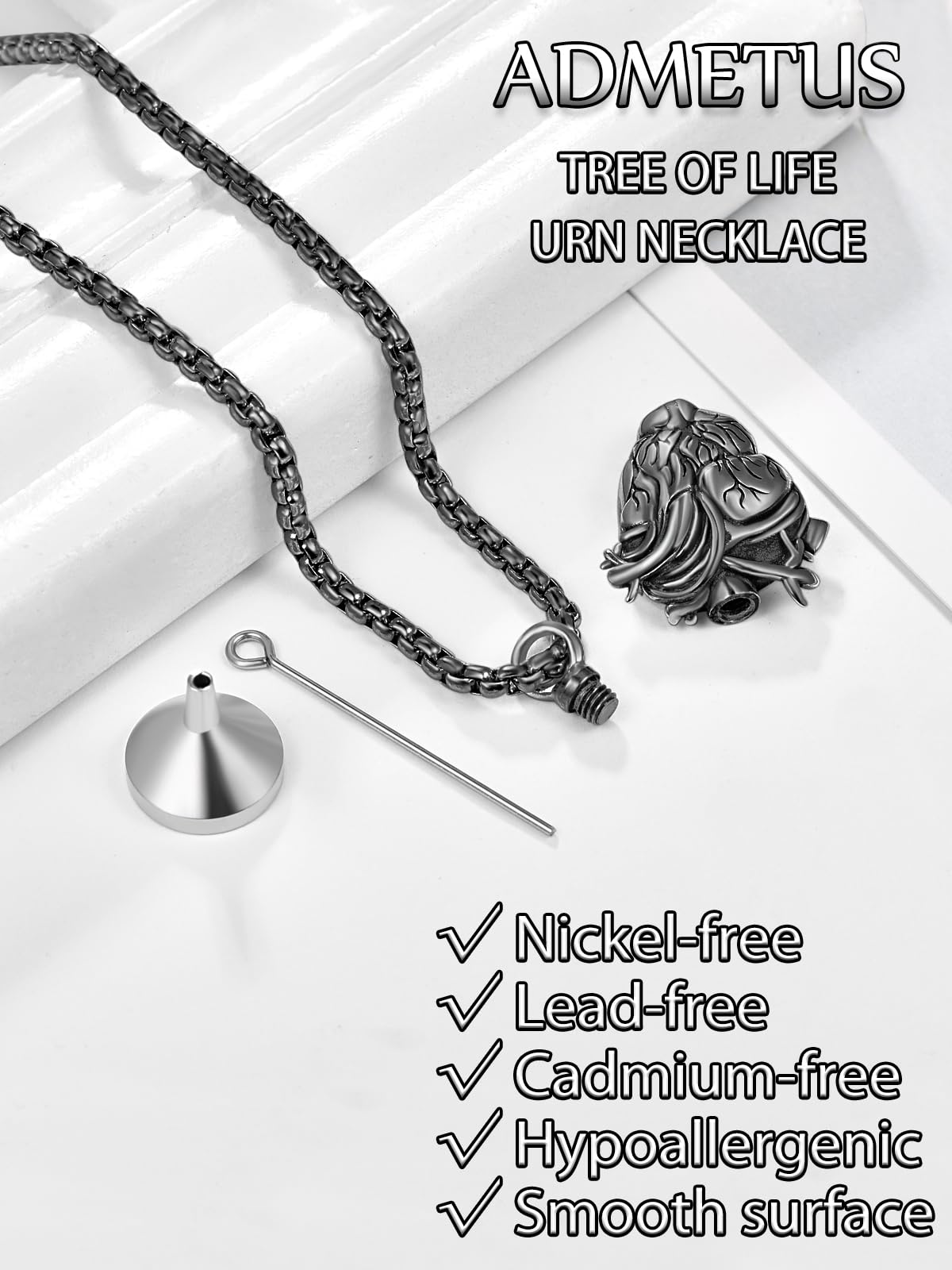 ADMETUS Tree of Life Urn Necklace for Ashes for Men Black Cremation Jewelry for Ashes Anatomical Heart Urn Keepsake Pendant Memorial Gifts