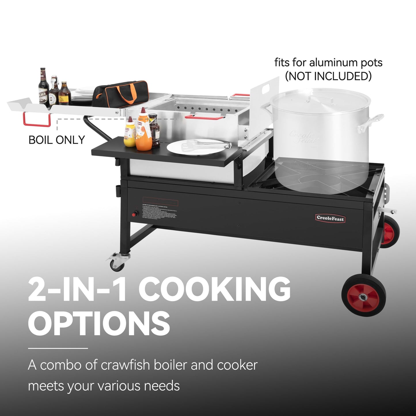Creole Feast CFT2018-N1 90 Qt Crawfish Boiler and Cooker Combo, 2-Burner Single Sack Propane Gas Seafood Cooker with Stainless Steel Stirring Paddle for Outdoor Backyard Boiling, Silver & Black